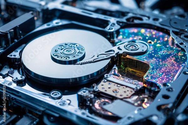 Obraz Close-Up of Open Hard Drive with Reflective Surface. Generative AI.