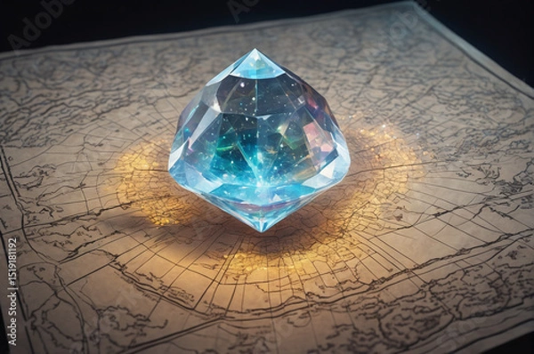 Obraz Glowing Crystal on Ancient Map Illustrating Mystical Discovery. Generative AI.