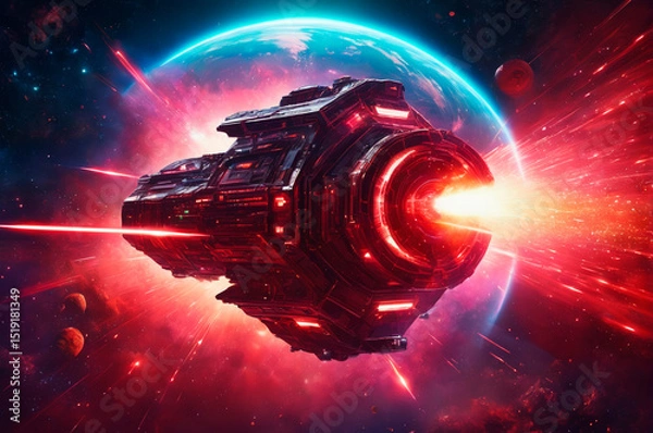 Obraz Futuristic Spaceship Firing Lasers in Deep Space Battle. Generative AI.