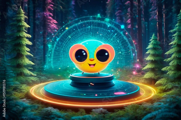 Obraz Cute Alien Character in a Forest Holographic Scene. Generative AI.