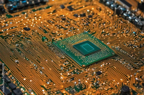 Obraz Close-Up of a Computer Motherboard Circuit Design. Generative AI.