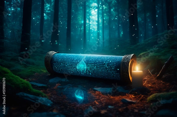 Obraz Enchanted Scroll and Candlelight in Mystic Forest. Generative AI.