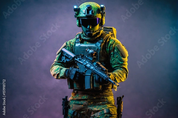 Obraz Armed Soldier in Tactical Gear Holding Rifle. Generative AI.