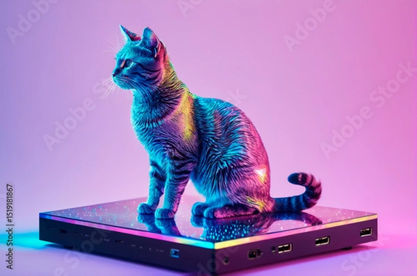 Fototapeta Futuristic Cat with Neon Colors on Tech Platform. Generative AI.