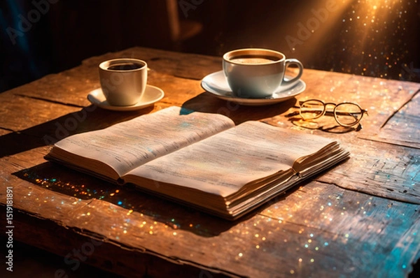 Obraz Cozy Coffee and Reading Moment with Sunlit Ambiance. Generative AI. 