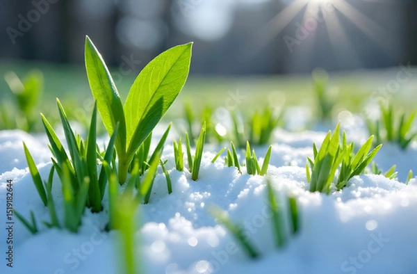 Fototapeta Green sprouts grow through the snow close up view 