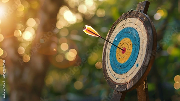 Fototapeta A wooden archery target with an arrow precisely hitting the center. The image conveys success and accuracy, suitable for a motivational theme.