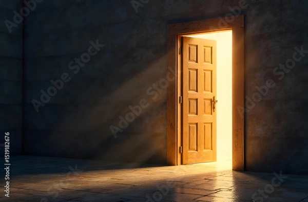 Fototapeta Light shines through the door, an open door in an empty hall from which light comes, a door to heaven