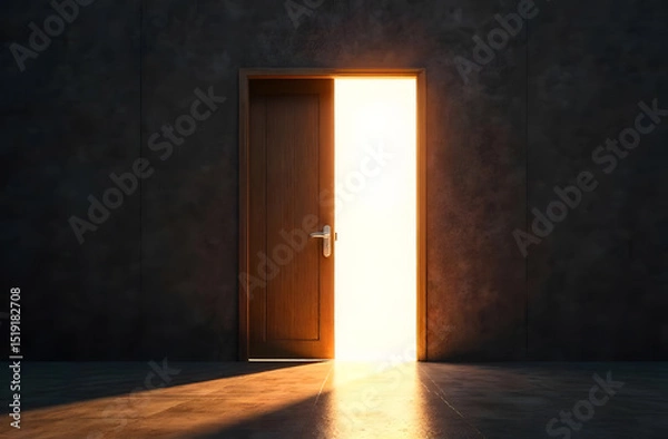 Fototapeta   The door front view, Light shines through the door, an open door in an empty hall from which light comes, a door to heaven
