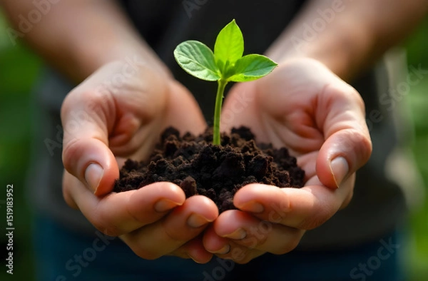 Fototapeta A sprout in the hands in a handful of earth close up view 
