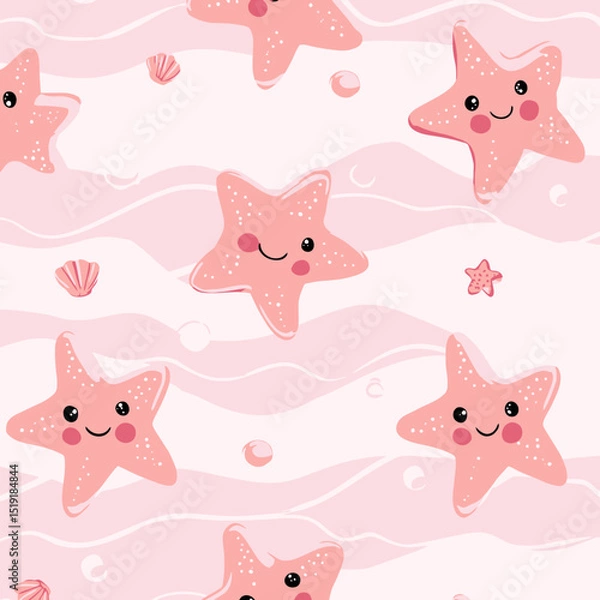 Fototapeta Adorable Kawaii Starfish Seamless Pattern Pink Ocean Waves Background