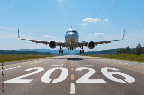 Fototapeta Airplane approaching for landing on a runway painted with the year 2026. The striking visual of the large aircraft and symbolic number signifies progress toward future milestones.