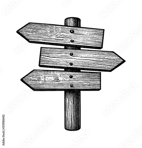 Fototapeta Engraved illustration of a wooden signpost with three arrow-shaped signs pointing in different directions