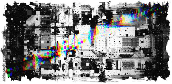 Fototapeta Abstract glitch background banner resembling computer technology. Grunge black and white with rainbow prismatic effect.