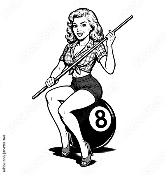 Fototapeta Smiling pinup girl sitting on 8 ball holding pool cue, black and white vintage drawing