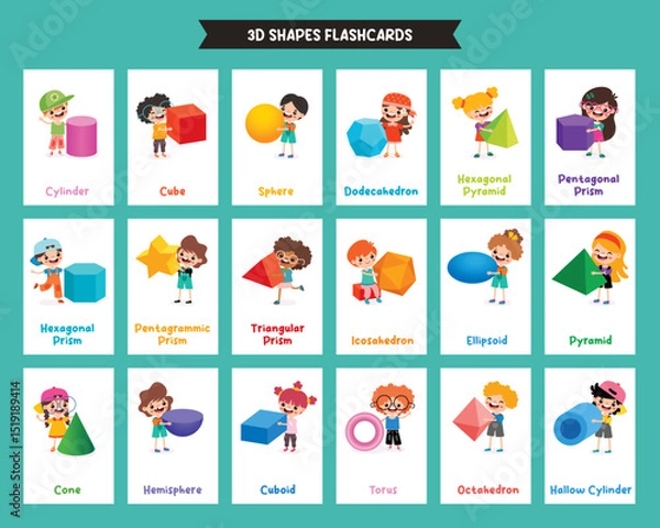 Fototapeta  Flashcards With Children Holding 3d Shapes