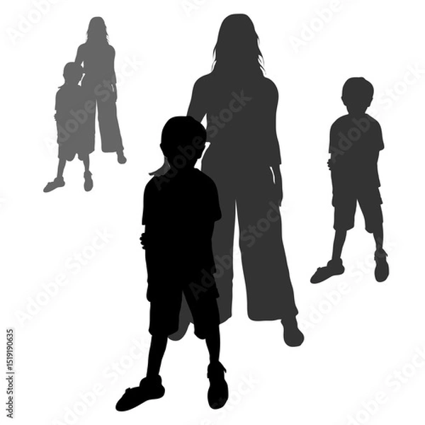 Fototapeta Vector silhouettes of people. Mother and son stand in full frontal height. The child is standing in front. Woman in wide trousers