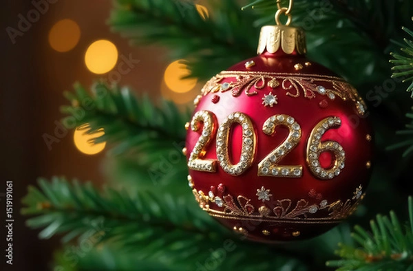 Obraz New Year's decoration in the form of a red ball with the numbers 2026 hanging on a Christmas tree branch against the background of a twinkling garland
