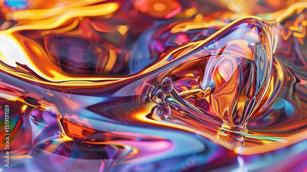 Fototapeta A vibrant abstract liquid artwork. The glossy material reflects a colorful array of warm and cool light in a swirling pattern.