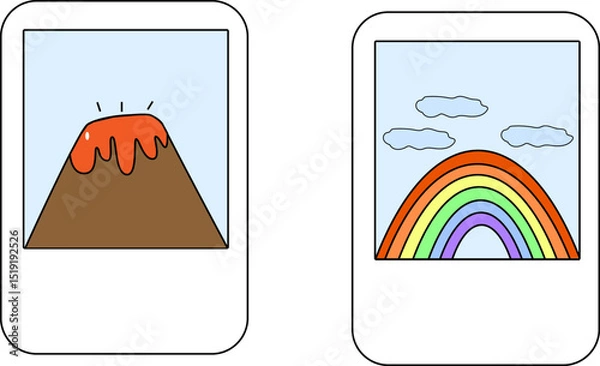 Fototapeta Colorful vector illustration of erupting volcano and vibrant rainbow with clouds in minimal cartoon style for education and design