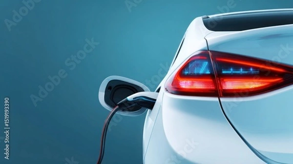 Fototapeta White electric car charging on a background with copy space, a banner design. Close-up of the well-designed tail light of an electric vehicle. The body of a futuristic white and black electronic car.
