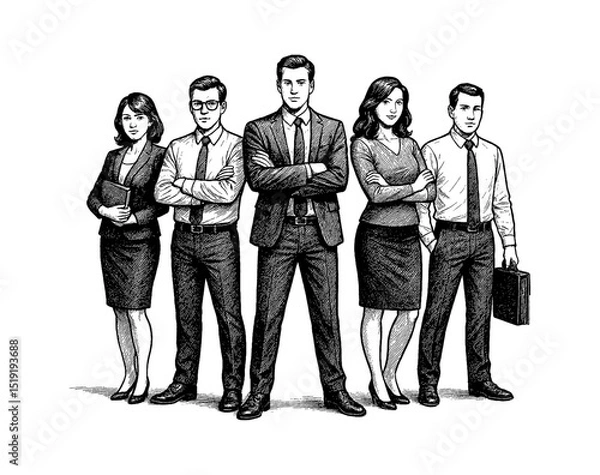 Fototapeta Group of diverse business people standing confidently with arms crossed in black and white drawing