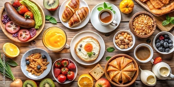 Obraz Overhead shot of a breakfast table filled with various foods including fruits pastries coffee and eggs