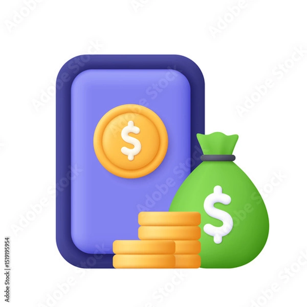 Obraz Smartphone with coin, coin stack and money bag. Mobile banking, digital payment, finance concept .3d vector icon. Cartoon minimal style.
