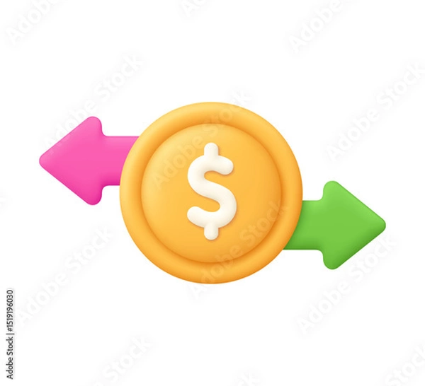 Obraz Dollar coin with arrow right and left. Investment, financial transaction, business and finance concept. 3d vector icon. Cartoon minimal style.
