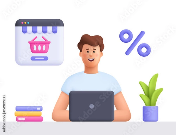 Obraz Young smiling man James buy on online store marketplace, using laptop. Online shopping, home delivery, e-commerce, discount and sales concept. 3d vector people character. Cartoon minimal style.