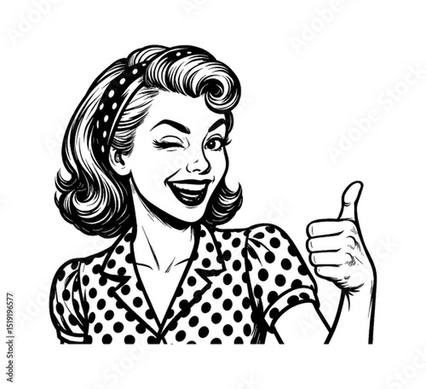 Fototapeta Happy Caucasian retro pinup woman in polka dot dress winking and giving thumbs up in black and white