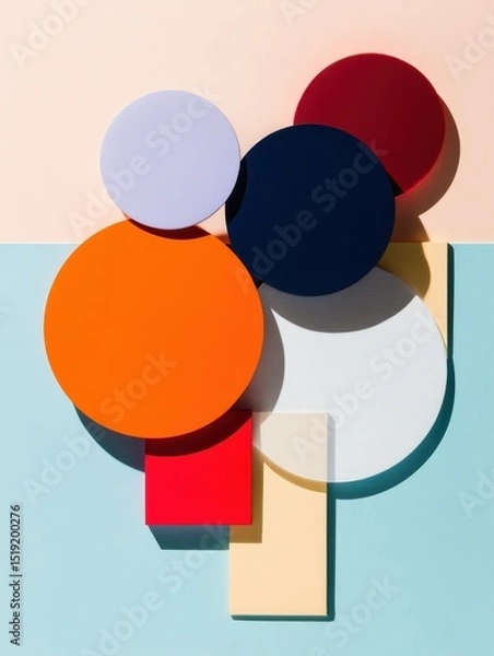 Fototapeta Colorful geometric shapes arranged artistically against a pastel background with shadows