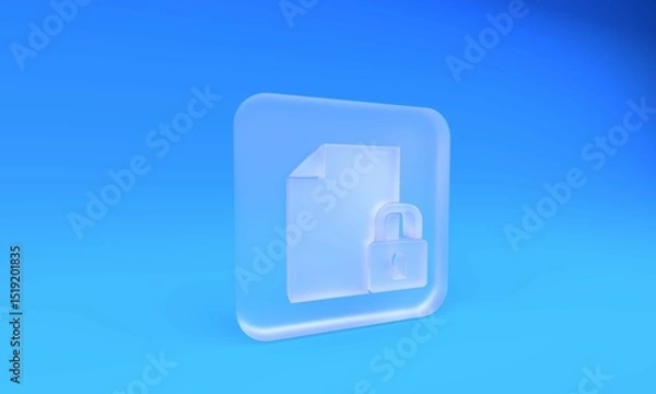 Fototapeta Frosted glass Document and lock icon isolated on blue background. File format and padlock. Security, safety, protection concept. Square frosted glass button. 3D render illustration