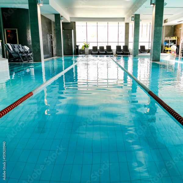 Obraz An indoor swimming pool in a sports club, surrounded by relaxation areas and large windows allowing natural light.