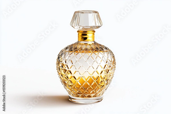 Fototapeta Elegant gold and clear glass perfume bottle with a diamond-patterned design on a white background showcasing luxury fragrance packaging