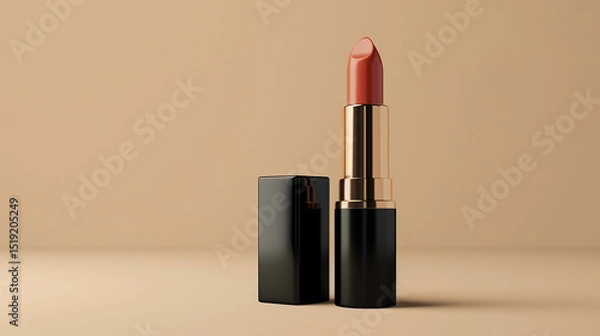 Fototapeta A sophisticated black lipstick tube with a peach hue stands elegantly next to its square cap. The background is a soft tan, suggesting a focus on beauty and cosmetic products.