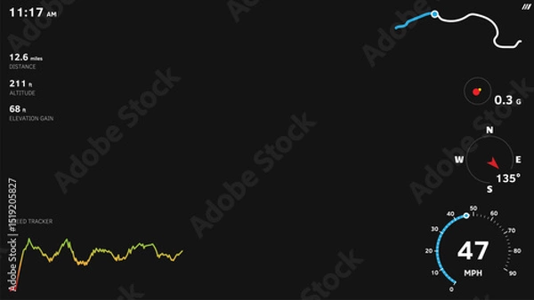 Fototapeta Vector telemetry overlay template on black background. Includes speed, altitude, GPS data, speed tracker and HUD elements. For action camera, car camera, sport videos, FPV overlays.