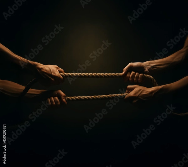 Fototapeta Two pairs of hands intensely pulling ropes in a dim, moody atmosphere, conveying dramatic struggle, power clash, and symbolic confrontation.