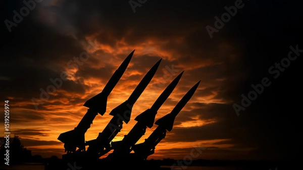 Fototapeta Four rockets silhouetted against a dramatic sunset sky, symbolizing military power and global tension in a striking visual.
