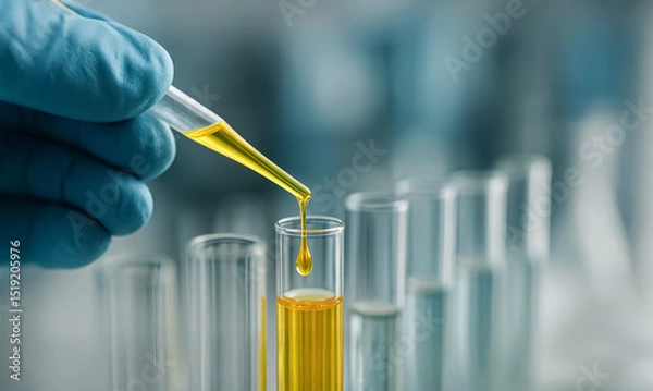 Fototapeta Yellow solution dripping from a pipette into test tubes in a laboratory environment, showcasing scientific precision and laboratory technique.