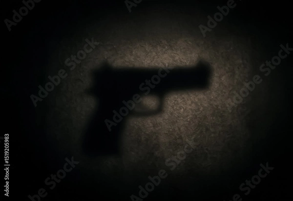 Fototapeta Silhouette shadow of a handgun cast against a dimly lit textured wall, evoking tension and symbolic threat under low light.