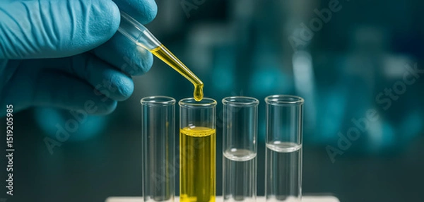 Fototapeta Close-up of a gloved hand using pipette to drop yellow liquid into test tubes, representing scientific analysis and chemical precision in lab work.