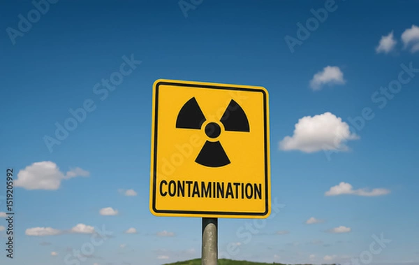 Fototapeta Radiation warning sign against a clear blue sky with scattered clouds, conveying a strong environmental hazard message in an open outdoor setting.