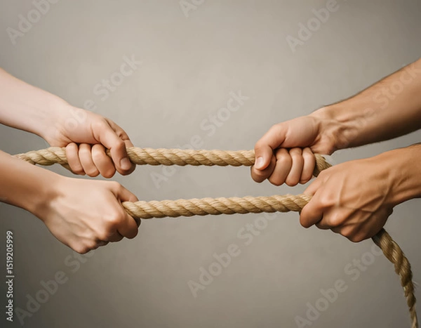 Fototapeta Close-up of four hands tugging two parallel ropes, illustrating teamwork, opposition, and physical contest in a well-lit, neutral studio setting.