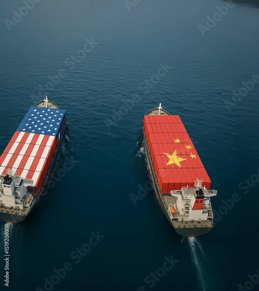 Fototapeta Overhead view of two opposing cargo ships at sea bearing US and Chinese flags, symbolizing rising tensions in international trade dynamics.