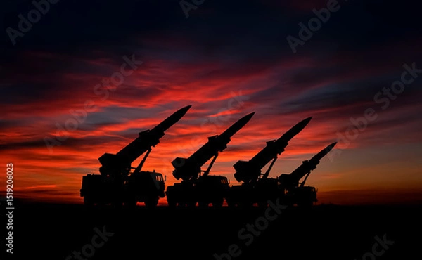 Fototapeta Military missile launchers silhouetted at dusk with vivid red and purple skies, highlighting themes of warfare, conflict, and preparedness.