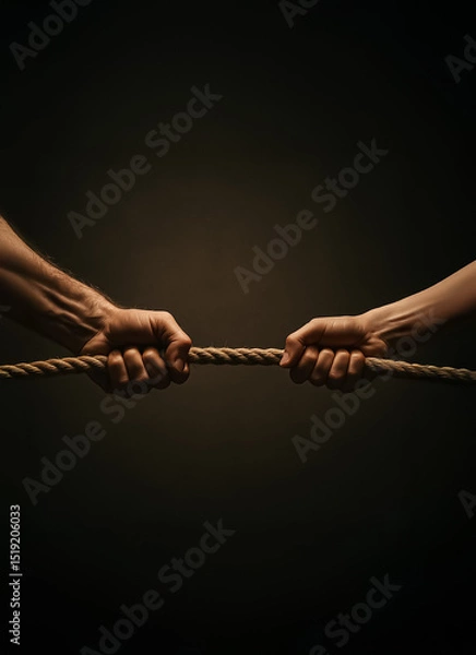 Fototapeta A symbolic image of conflict and balance with two opposing hands gripping a rope under a spotlight, capturing the essence of power struggle.