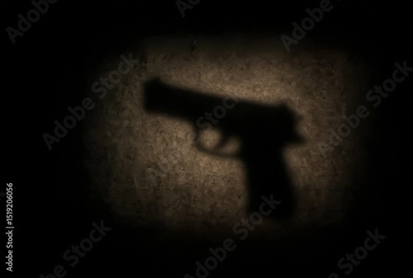 Fototapeta Dimly illuminated pistol silhouette cast on textured surface under a dramatic light, symbolizing fear, crime, and hidden violence.