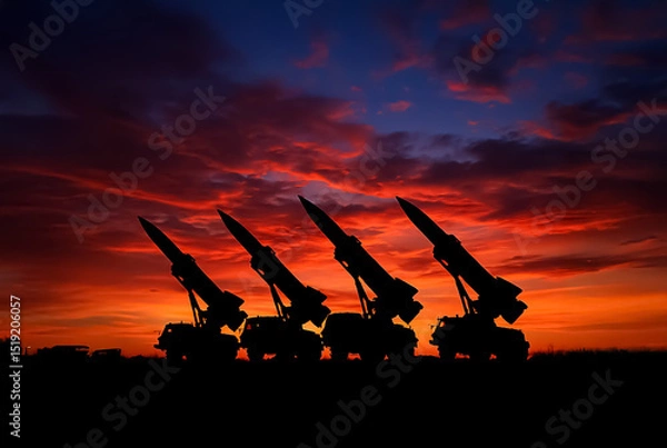 Fototapeta Silhouetted missile vehicles aligned against a glowing red sunset sky, emphasizing tension and global militarization under dramatic light.