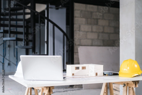 Fototapeta Modern architectural workspace featuring white laptop, scale house model, yellow safety helmet on table. Spiral staircase and scaffolding in background suggest active construction and design planning